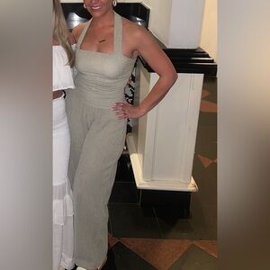 Zara Ribbed Halter-Neck Wide-Leg Jumpsuit in Light Sage